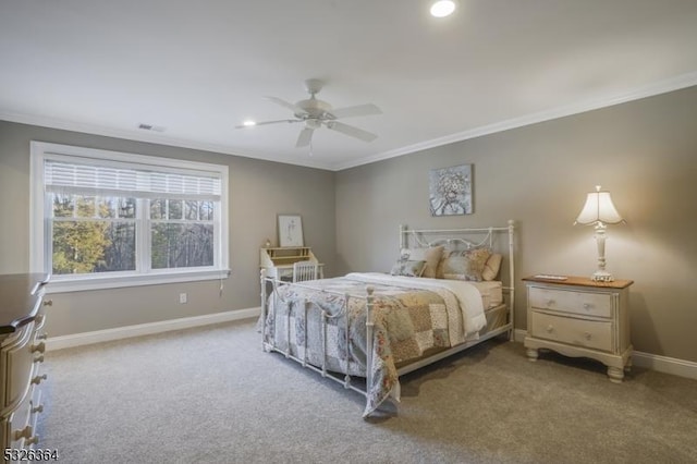 bedroom with ceiling fan, light colored carpet, and ornamental molding