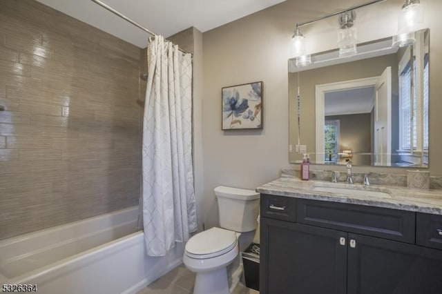 full bathroom with vanity, toilet, and shower / bathtub combination with curtain