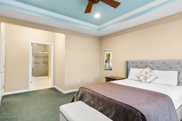 carpeted bedroom featuring ceiling fan and connected bathroom