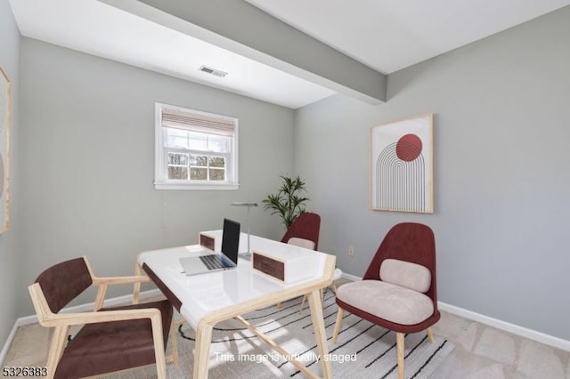 office area featuring beamed ceiling, carpet flooring, baseboards, and visible vents