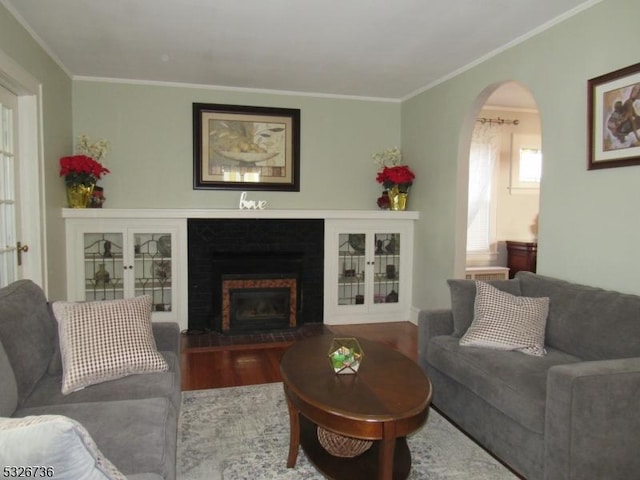 living room featuring crown molding and dark wood-type flooring