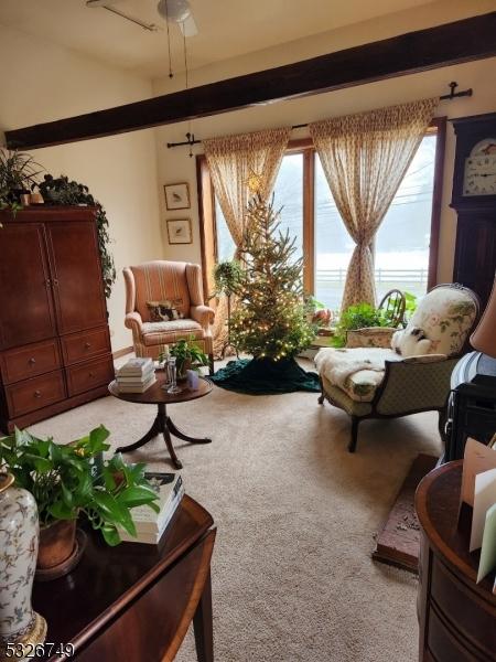 sitting room with carpet floors and ceiling fan