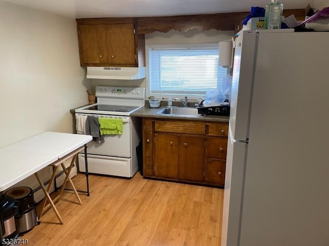 kitchen featuring sink, exhaust hood, white appliances, and light hardwood / wood-style floors