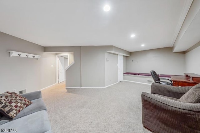 living room featuring light colored carpet