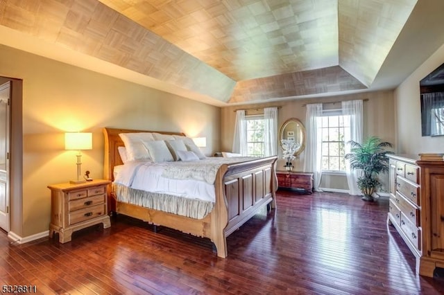 bedroom featuring dark hardwood / wood-style floors and a raised ceiling