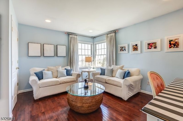 living room with dark hardwood / wood-style floors