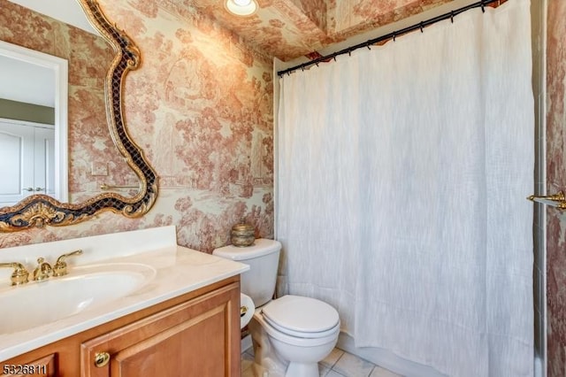 bathroom with tile patterned floors, vanity, toilet, and a shower with curtain