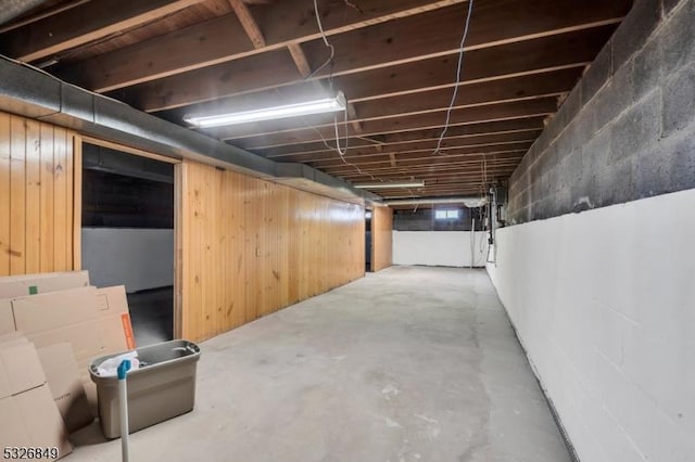 basement featuring wood walls