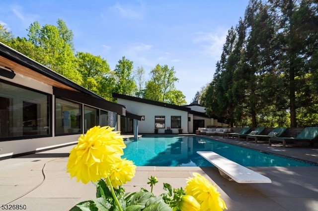 view of pool with a diving board and a patio area