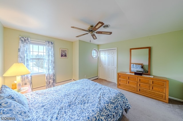 bedroom featuring light carpet, a closet, ceiling fan, and a baseboard heating unit