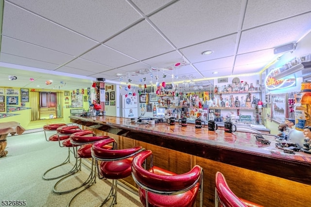 bar with a paneled ceiling and carpet floors