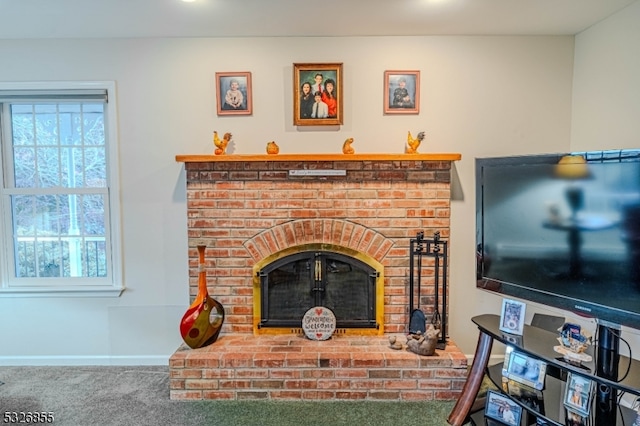 details with a fireplace and carpet floors