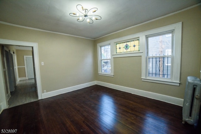 unfurnished dining area featuring radiator heating unit, plenty of natural light, dark wood-type flooring, and a notable chandelier