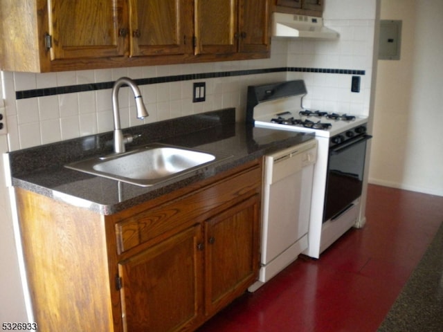 kitchen with backsplash, sink, white appliances, and ventilation hood