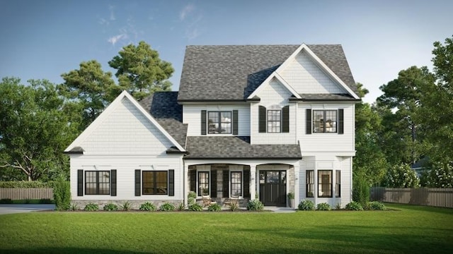 view of front of property with a porch and a front lawn