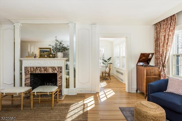 sitting room with crown molding, light hardwood / wood-style flooring, a fireplace, and a wealth of natural light