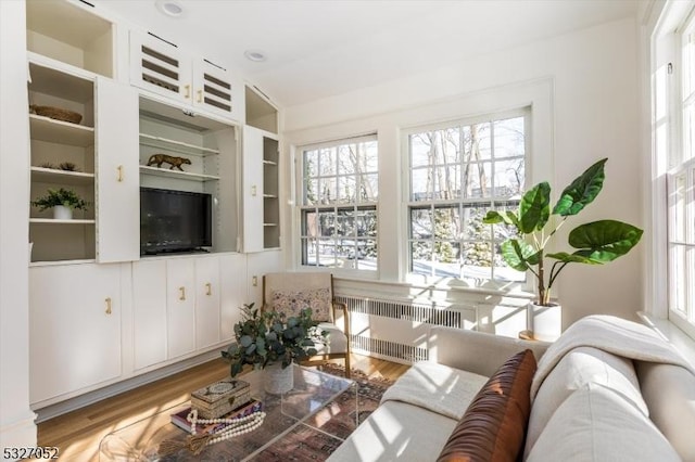 living room with built in features, light hardwood / wood-style flooring, and radiator