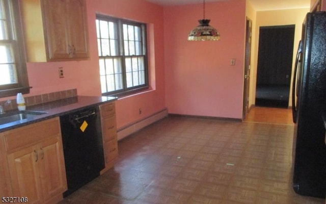 kitchen with sink, baseboard heating, plenty of natural light, and black appliances