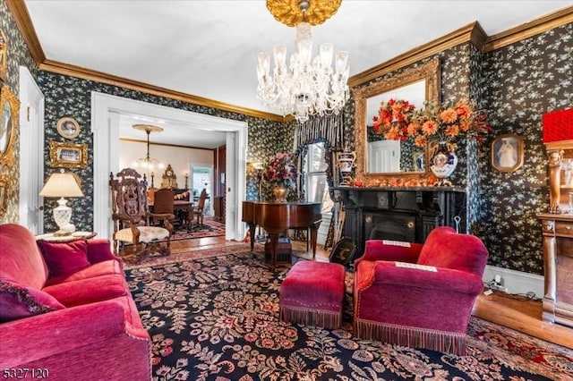 living room with ornamental molding and a chandelier