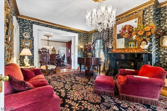 living room featuring ornamental molding and a chandelier