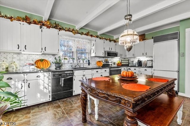 kitchen with backsplash, white cabinets, beamed ceiling, decorative light fixtures, and stainless steel appliances