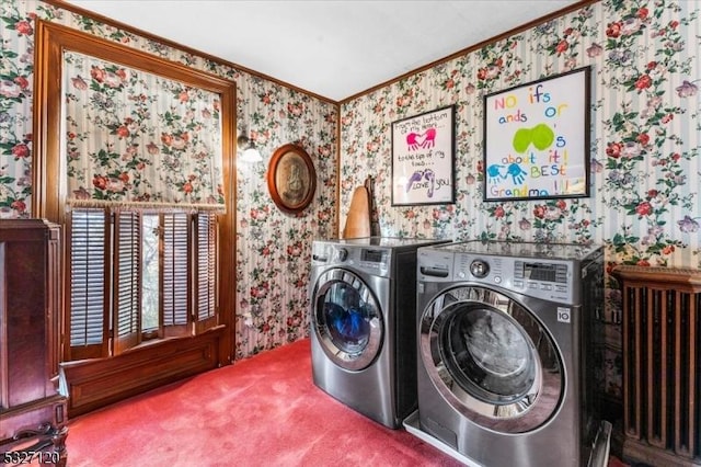 clothes washing area with washer and dryer, ornamental molding, and carpet floors