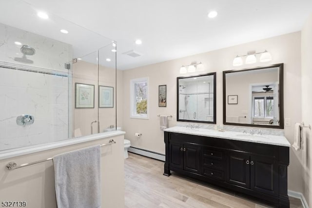 bathroom with vanity, a wealth of natural light, toilet, and walk in shower