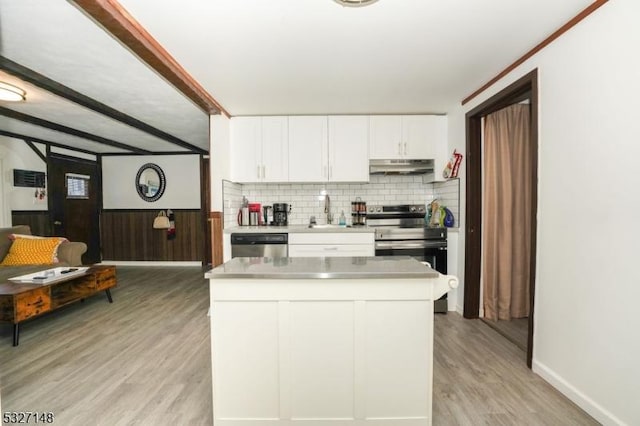 kitchen featuring backsplash, light hardwood / wood-style flooring, white cabinetry, and stainless steel appliances