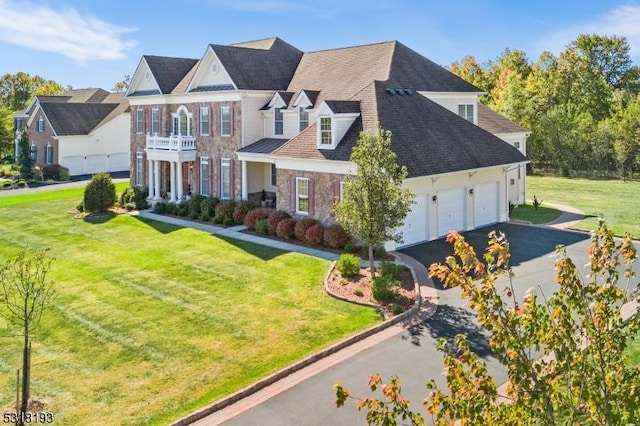 view of front of property with a garage, a balcony, and a front yard