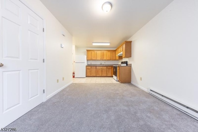 kitchen with white appliances, a baseboard radiator, light colored carpet, and sink