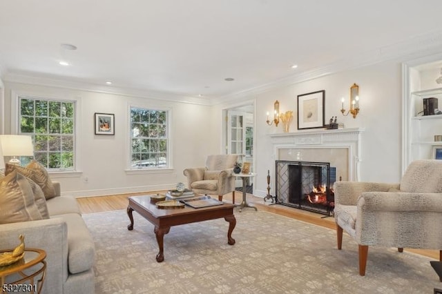 living room featuring crown molding, a fireplace, and light hardwood / wood-style flooring