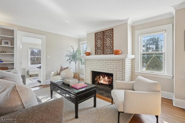 living room with wood-type flooring, crown molding, and a fireplace