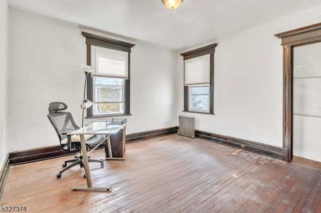 office area featuring radiator heating unit and hardwood / wood-style flooring