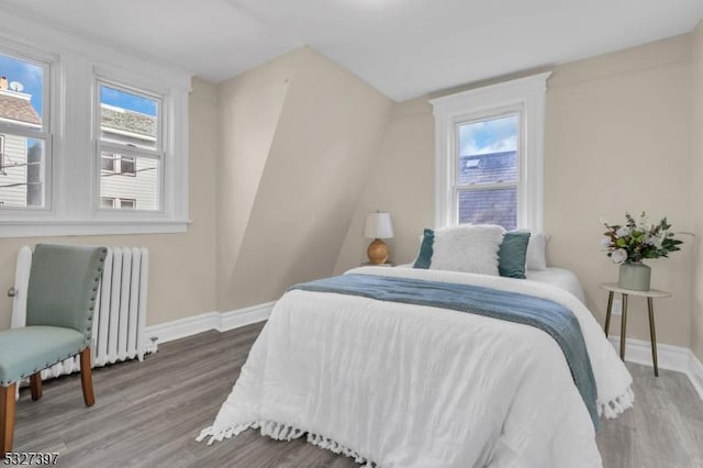 bedroom with radiator heating unit, hardwood / wood-style flooring, and multiple windows