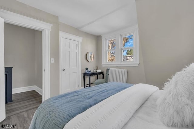 bedroom featuring hardwood / wood-style floors and radiator