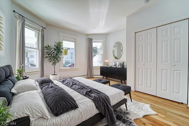 bedroom with light wood-type flooring, a closet, and multiple windows