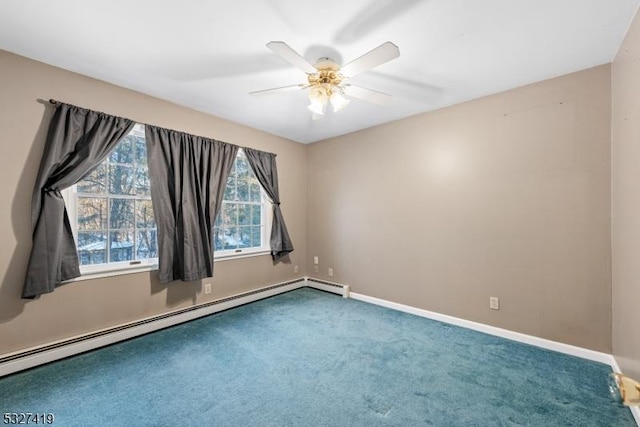 carpeted empty room with baseboard heating and ceiling fan