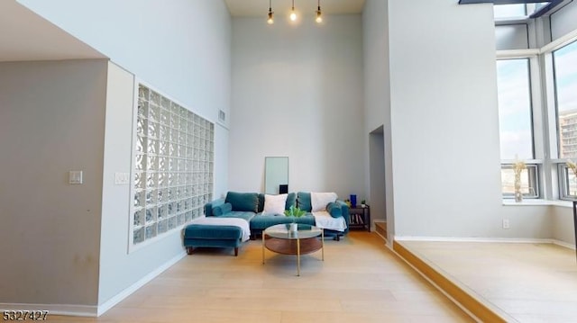 sitting room with a towering ceiling and light hardwood / wood-style floors