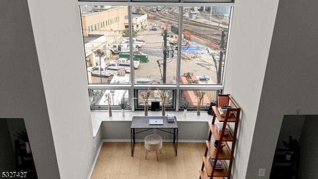 home office with a wealth of natural light and hardwood / wood-style floors