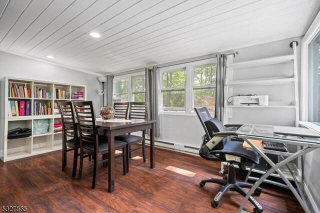 office space featuring dark hardwood / wood-style flooring and wooden ceiling