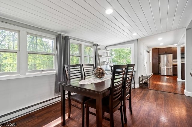 dining room featuring a wealth of natural light, wooden ceiling, baseboard heating, and dark wood-type flooring