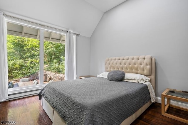 bedroom featuring vaulted ceiling, multiple windows, and dark hardwood / wood-style floors