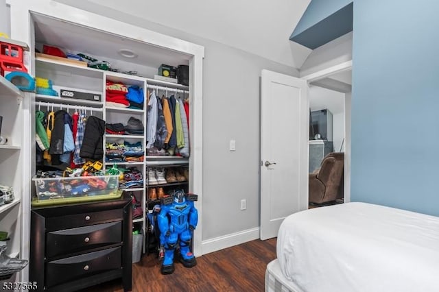 bedroom with a closet and dark wood-type flooring