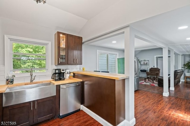 kitchen with dark hardwood / wood-style floors, sink, lofted ceiling, and stainless steel appliances