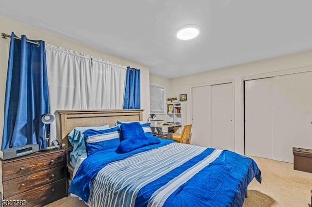 carpeted bedroom with two closets