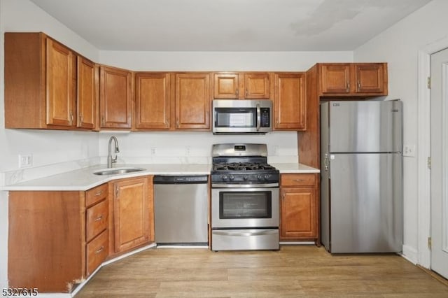 kitchen with light hardwood / wood-style floors, sink, and stainless steel appliances