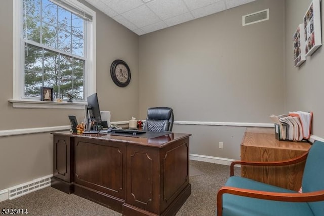 carpeted office with a drop ceiling