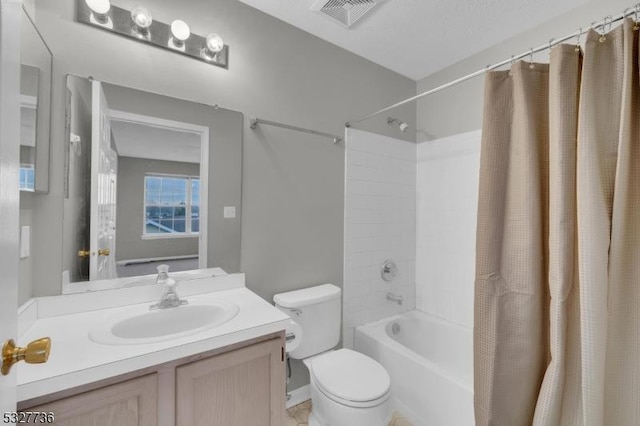 full bathroom with vanity, toilet, and shower / bathtub combination with curtain