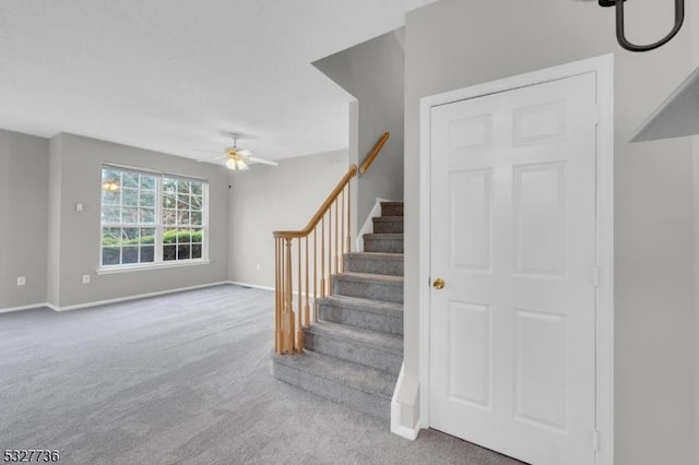 staircase with ceiling fan and carpet floors