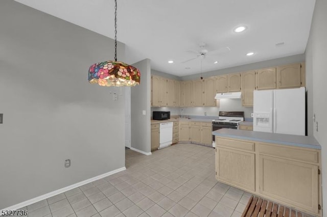 kitchen with ceiling fan, light brown cabinetry, light tile patterned floors, and white appliances